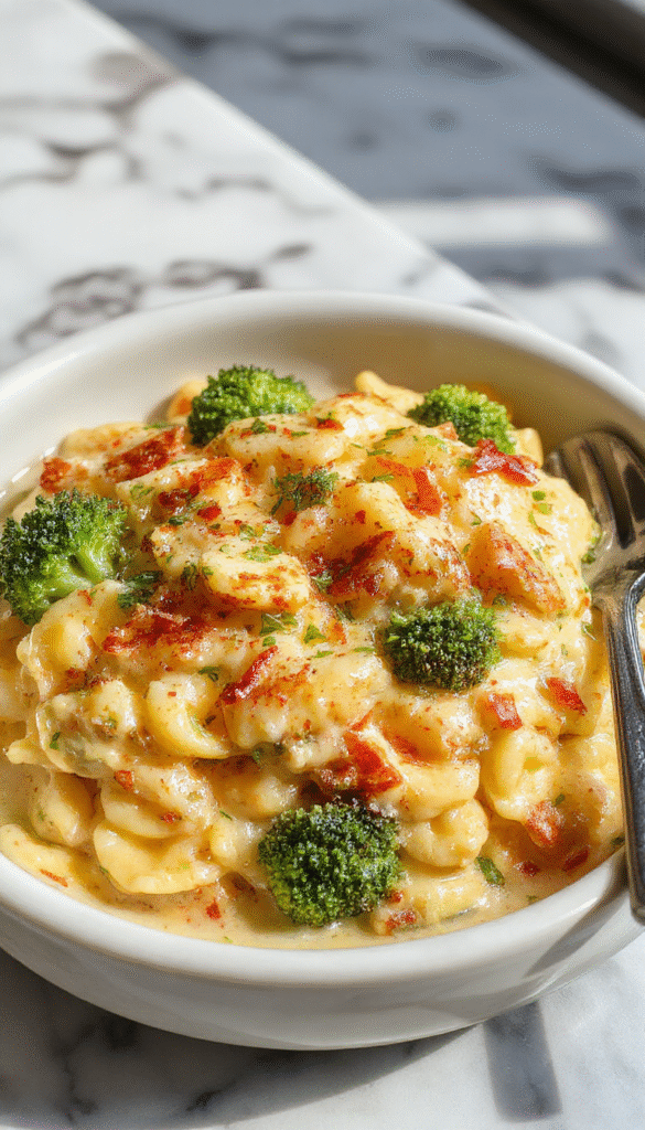 A vibrant bowl of creamy broccoli cheddar orzo featuring tender spirals coated in rich cheese sauce, topped with fresh green broccoli florets, served on a rustic white plate with a sprinkle of grated cheese, set against a warm wooden background with a sprig of basil for garnish