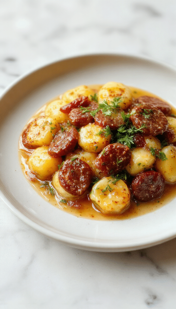 A close-up of golden-brown butternut squash gnocchi arranged on a white plate, topped with sliced cooked sausage and drizzled with creamy sauce, garnished with fresh herbs, with a rustic wooden background highlighting the textures and inviting warmth.