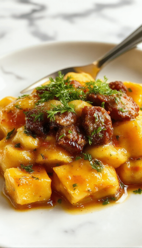 A close-up of golden-brown butternut squash gnocchi glistening in a creamy sauce, topped with slices of sautéed sausage, garnished with fresh herbs, on a rustic wooden plate with vibrant orange and green accents