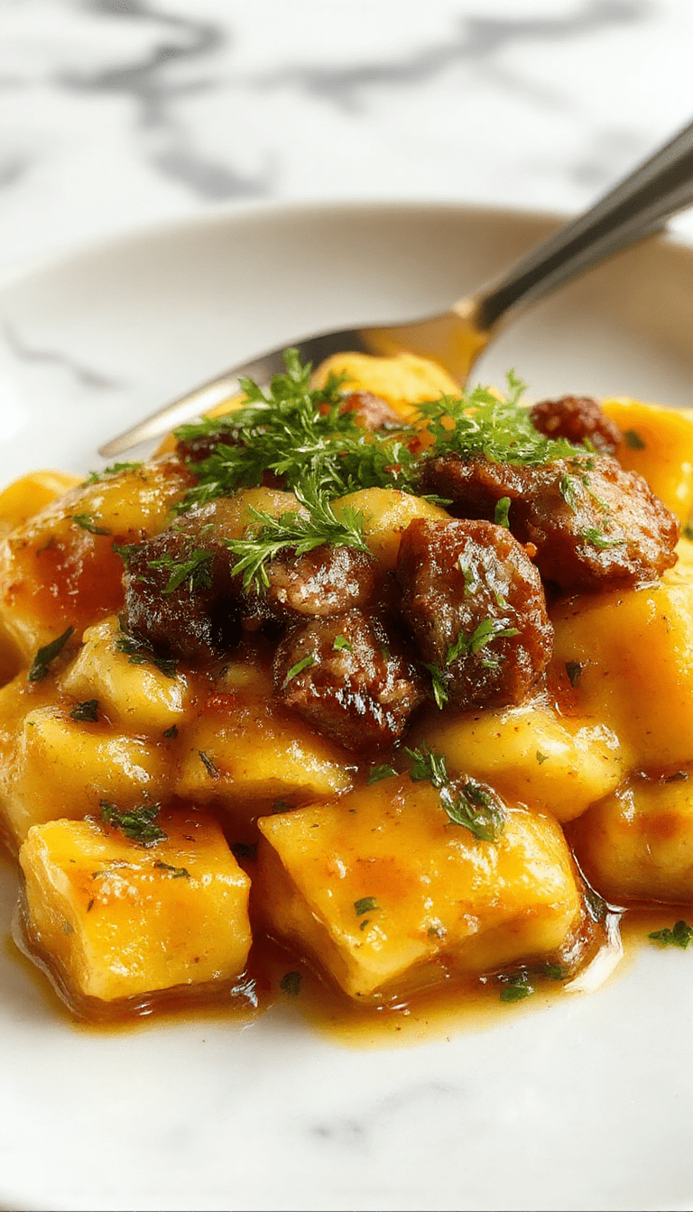 A close-up of golden-brown butternut squash gnocchi glistening in a creamy sauce, topped with slices of sautéed sausage, garnished with fresh herbs, on a rustic wooden plate with vibrant orange and green accents