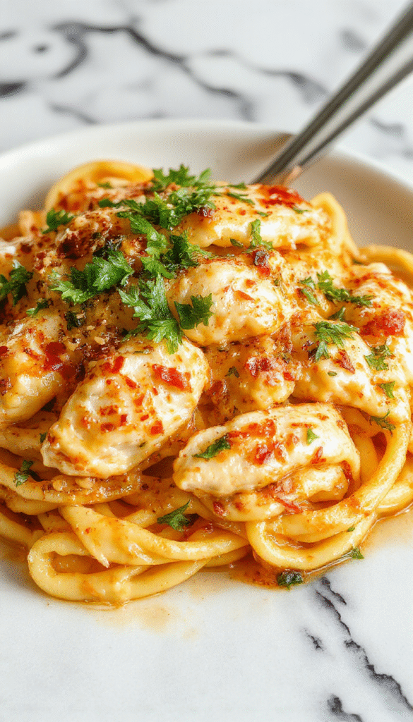 A vibrant plate of creamy Cajun chicken pasta featuring tender sliced chicken coated in a spicy Cajun seasoning, topped with chopped green onions and served over a bed of perfectly cooked al dente pasta. The dish is garnished with fresh herbs and sits on a rustic wooden table, highlighting the rich, spicy, and creamy textures with contrasting colors of red pepper flakes, green herbs, and golden pasta.