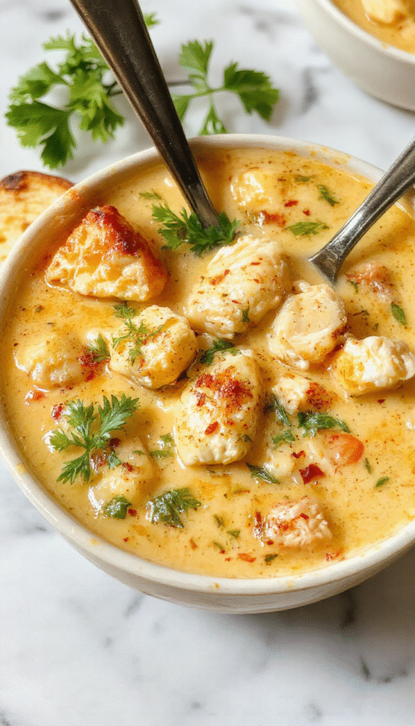 A vibrant bowl of creamy Cajun chicken soup featuring tender chicken chunks, colorful bell peppers, and a rich, creamy broth garnished with fresh herbs, served on a rustic wooden table with garnishes and a spoon.