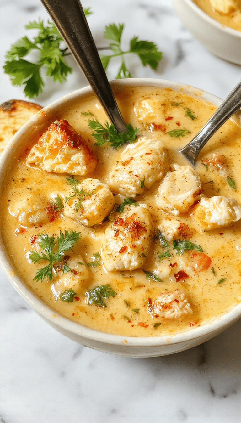 A vibrant bowl of creamy Cajun chicken soup featuring tender chicken chunks, colorful bell peppers, and a rich, creamy broth garnished with fresh herbs, served on a rustic wooden table with garnishes and a spoon.