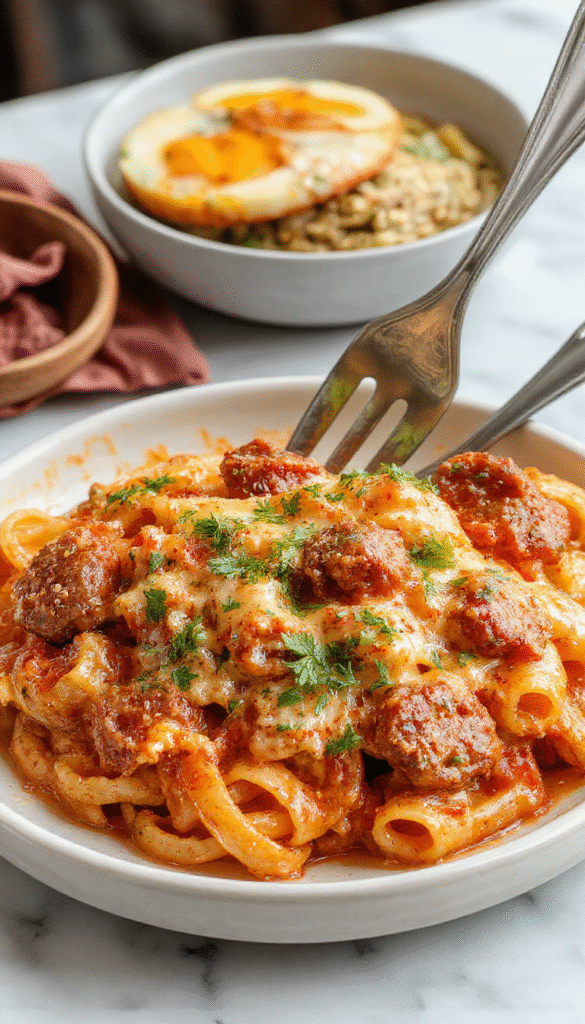 A vibrant plate of creamy Cajun sausage pasta garnished with chopped parsley and sliced red bell peppers, showcasing a rich and spicy sauce with smoky sausage pieces on a rustic wooden table