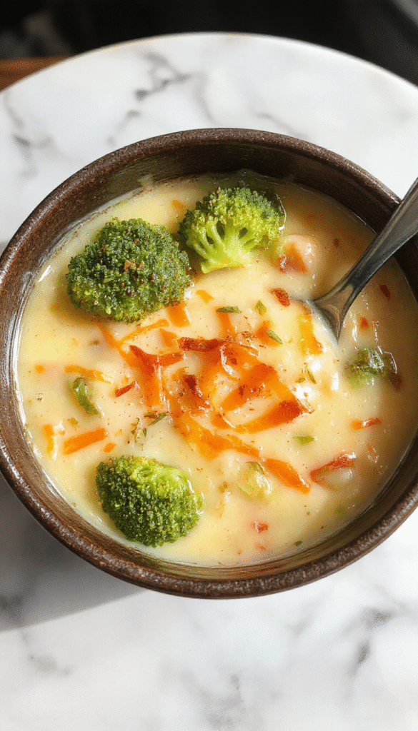 A steaming bowl of creamy cheddar broccoli and potato soup garnished with shredded cheddar cheese, fresh broccoli florets, and crispy bacon bits on top, served with a piece of crusty bread on a rustic wooden table with a cozy kitchen background