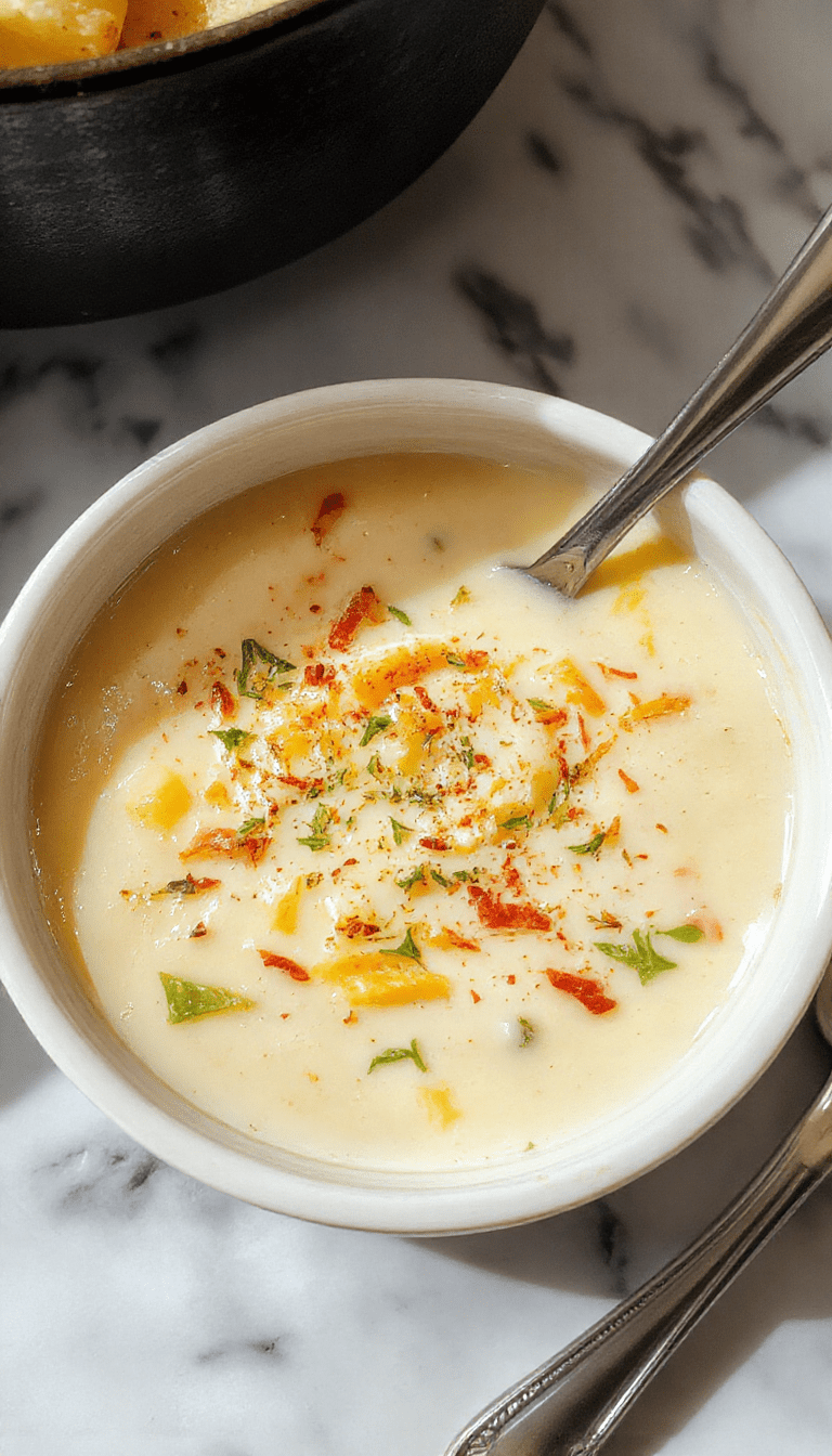 A bowl of rich and creamy potato soup topped with melted cheddar cheese, fresh herbs, and a sprinkle of black pepper. The soup has a smooth, velvety texture with golden-brown toasted garlic slices and vibrant parsley garnishes. The bowl is rustic, placed on a wooden table, with a cloth napkin and slices of crusty bread nearby, evoking warmth and homemade comfort.