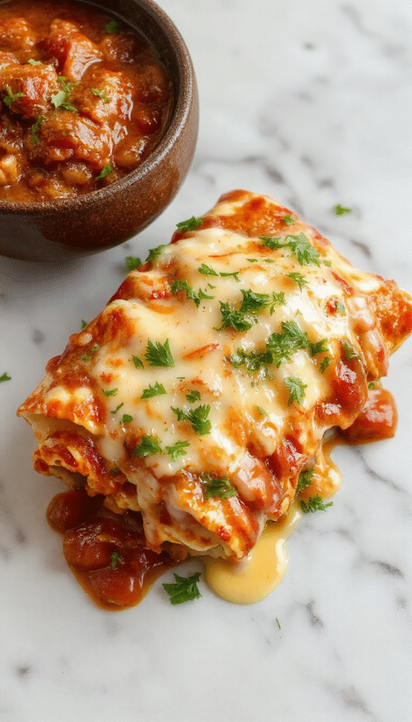 Colorful close-up of cheesy chicken and chile enchiladas plated with melted kraft cheese topping, garnished with fresh cilantro and red chili slices, showcasing crispy edges and vibrant red sauce