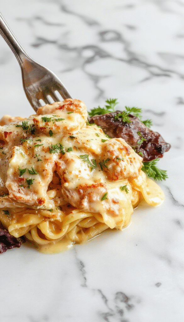 A close-up of a plate of creamy chicken alfredo featuring tender sliced chicken, perfectly cooked fettuccine coated in rich Alfredo sauce, garnished with chopped parsley and grated Parmesan cheese on a stylish white plate, set against a rustic wooden table with a soft focus background highlighting the creamy textures and vibrant herbs.