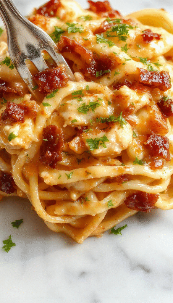 A close-up of a vibrant plate of creamy chicken bacon ranch pasta featuring tender chicken, crispy bacon, melted cheese, garnished with fresh herbs, served on a rustic white plate with a creamy sauce coating the al dente pasta, styled with a sprig of parsley and a sprinkle of black pepper for an inviting, home-cooked feel.