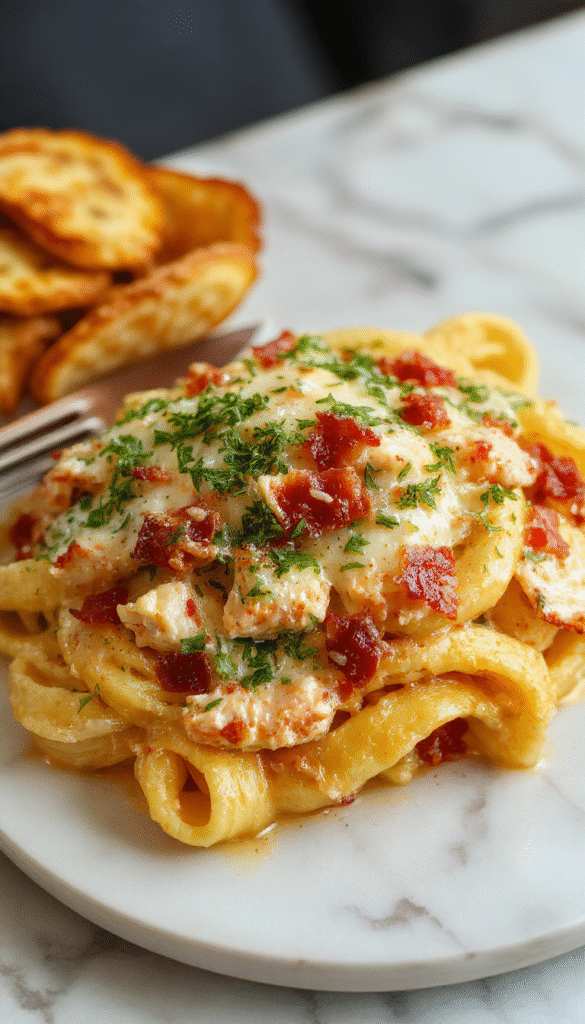 A plate of creamy chicken bacon ranch pasta topped with crispy bacon bits and chopped fresh herbs, showcasing a rich, golden sauce with tender pasta, garnished with parsley on a rustic wooden table.
