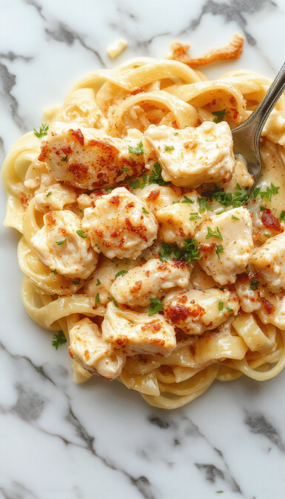 A close-up of a serving of creamy buttered chicken noodles on a white plate, with golden-brown noodles coated in a rich buttery sauce, garnished with fresh parsley, and placed on a rustic wooden table with a sprinkle of grated cheese and black pepper, styled for a homely, comforting meal.
