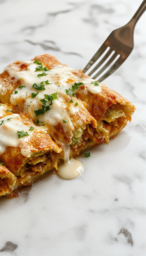 A vibrant plate of chicken enchiladas topped with melted cheese and garnished with fresh cilantro, served alongside a bowl of creamy white sour cream sauce with a smooth texture, colorful red and green bell peppers in the background, and a rustic wooden table surface.