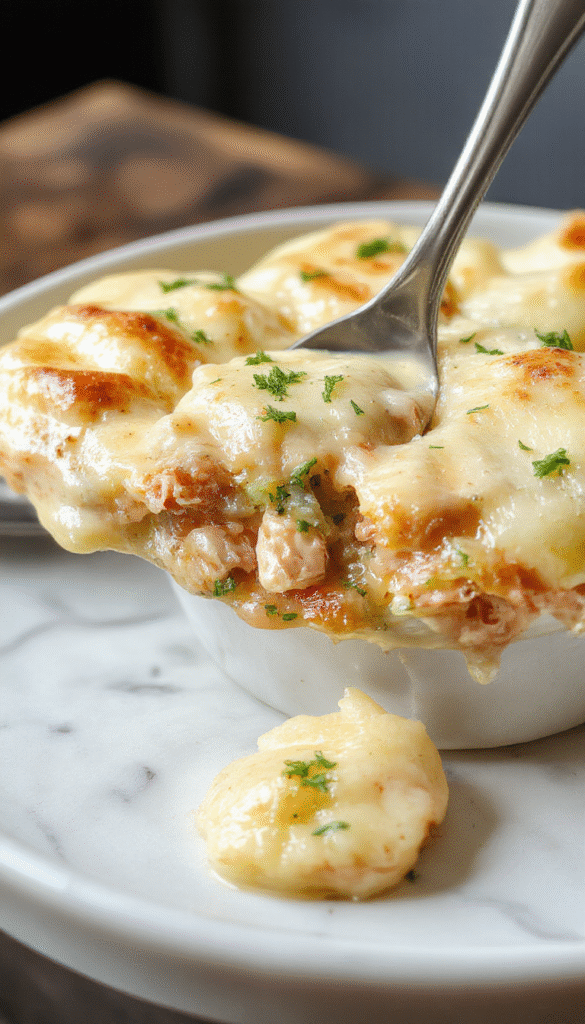 A close-up of a creamy chicken pot pie pasta dish with golden-brown crust-like topping, tender chunks of chicken, and mixed vegetables, all beautifully plated with herbs Garnished on a rustic white plate, with steam rising, showcasing the rich, cheesy texture and homestyle appeal