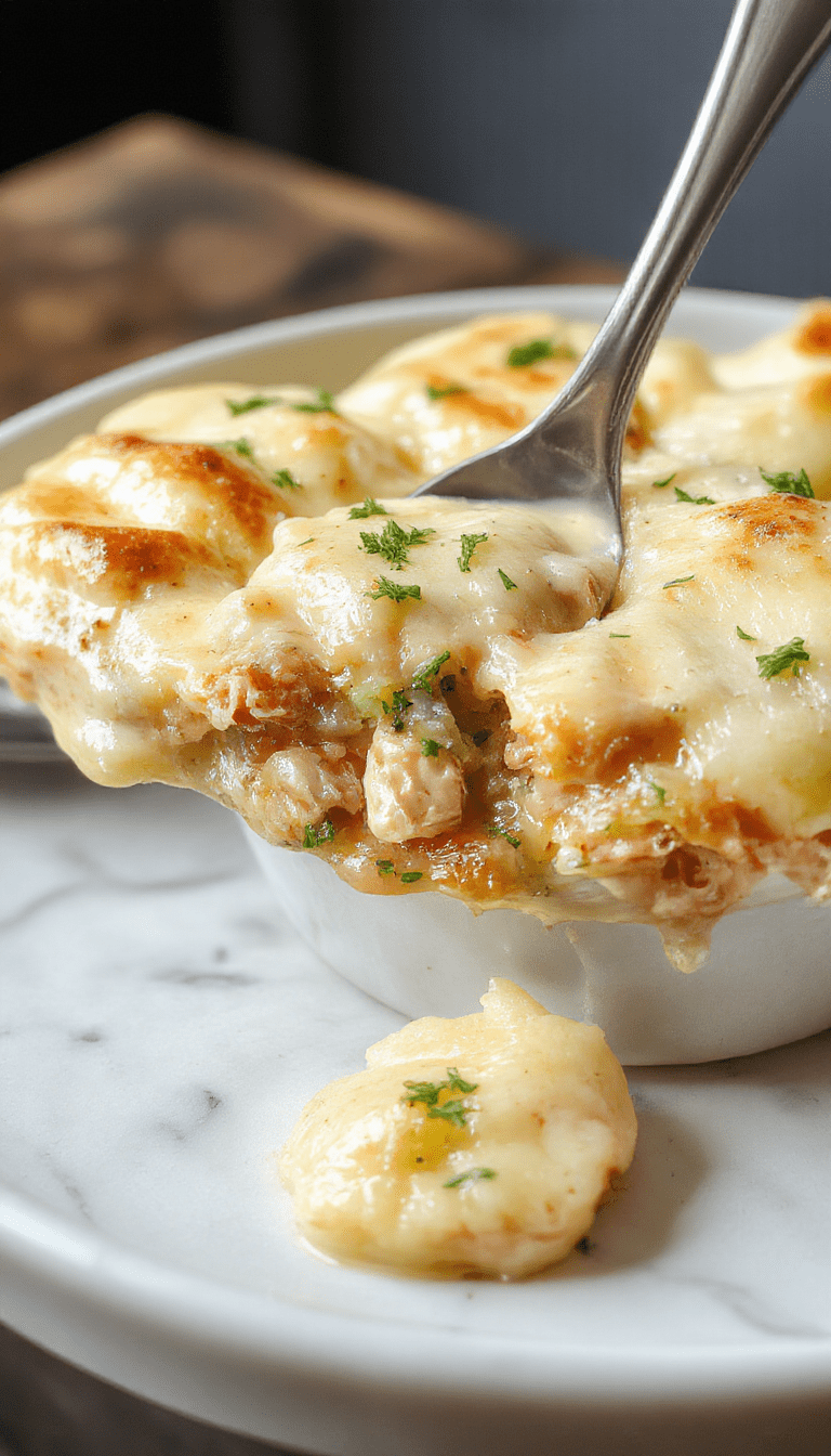 A close-up of a creamy chicken pot pie pasta dish with golden-brown crust-like topping, tender chunks of chicken, and mixed vegetables, all beautifully plated with herbs Garnished on a rustic white plate, with steam rising, showcasing the rich, cheesy texture and homestyle appeal