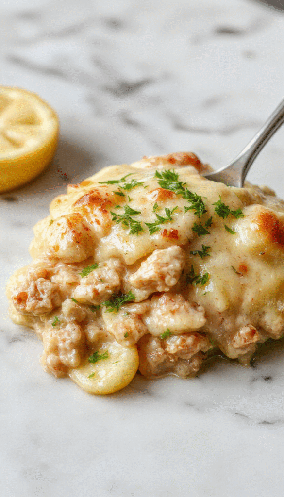 A vibrant plate of creamy chicken pot pie pasta featuring tender shredded chicken, golden flaky crust crumbles sprinkled on top, mixed with creamy sauce and colorful vegetables. The dish is served on a rustic white plate with a side of green herbs, accentuated with a golden-brown crust edges and steaming texture, styled with fresh parsley for a homely presentation.