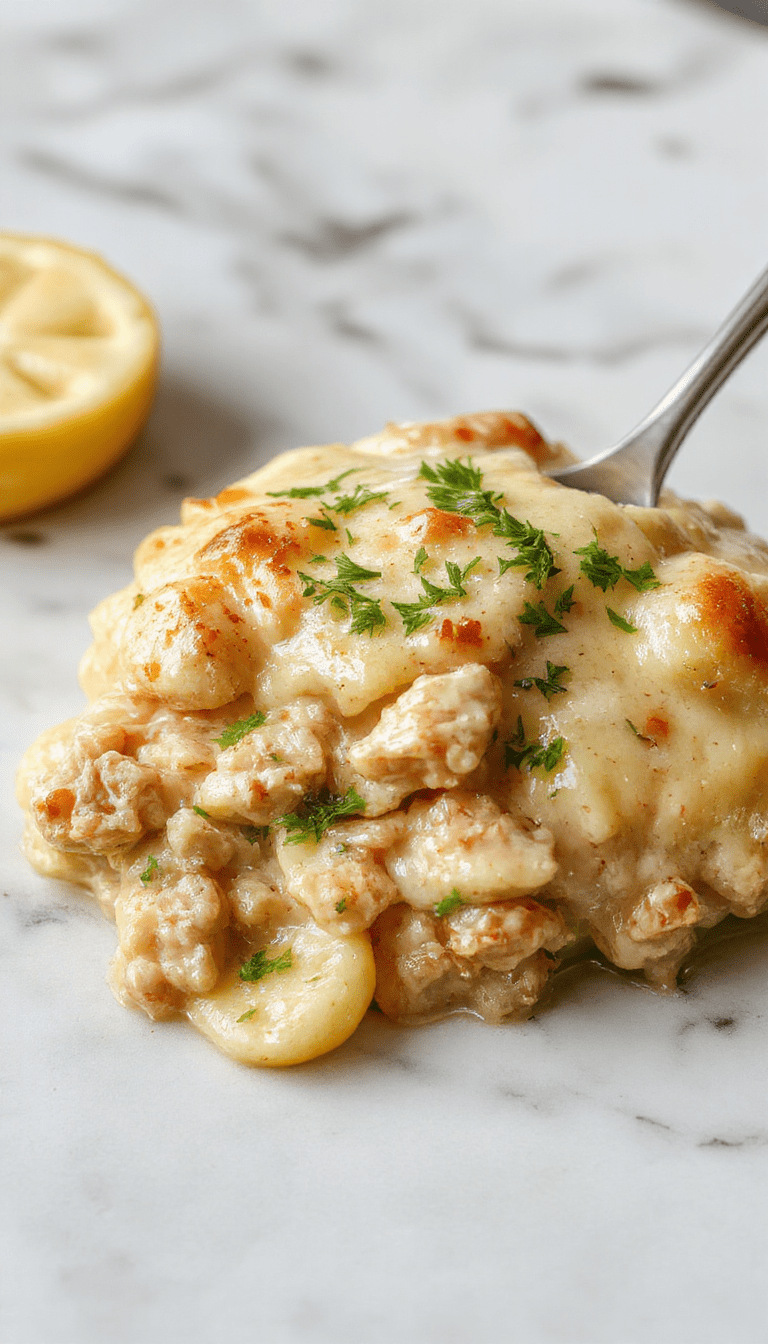 A vibrant plate of creamy chicken pot pie pasta featuring tender shredded chicken, golden flaky crust crumbles sprinkled on top, mixed with creamy sauce and colorful vegetables. The dish is served on a rustic white plate with a side of green herbs, accentuated with a golden-brown crust edges and steaming texture, styled with fresh parsley for a homely presentation.