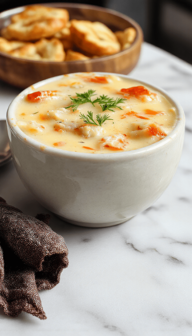 A steaming bowl of creamy chicken pot pie soup garnished with chopped herbs, with a flaky crust crumble topping visible, surrounded by fresh vegetables and rustic wooden background