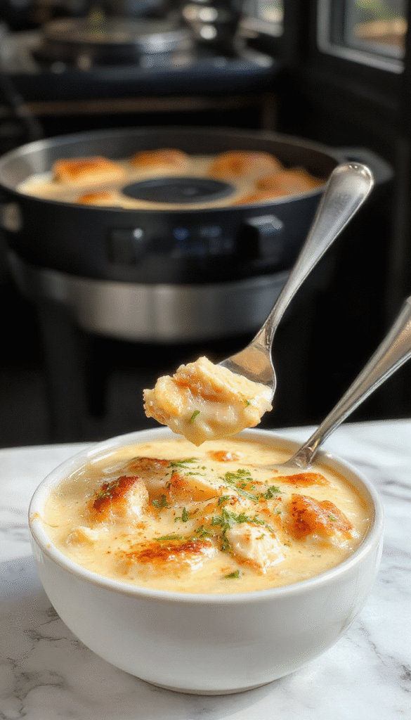 A steaming bowl of creamy chicken pot pie soup with golden-brown crust crumbles on top, garnished with chopped parsley, served in a rustic white bowl against a cozy kitchen backdrop with warm colors and textured surfaces, highlighting the creamy texture and hearty ingredients.