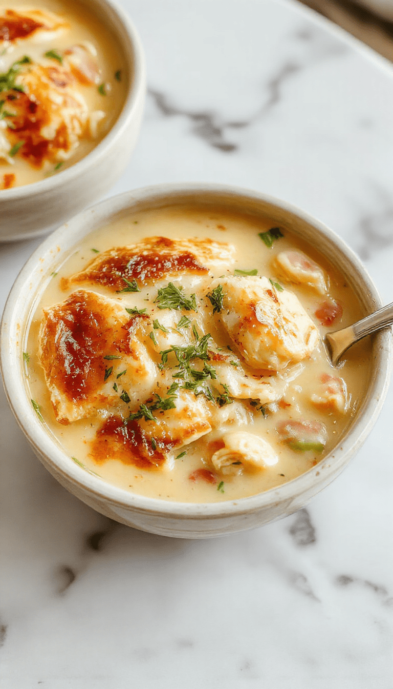 A bowl of creamy chicken pot pie soup topped with golden flaky pie crust crumbles, fresh herbs, and a drizzle of cream, served on a rustic wooden table with warm lighting