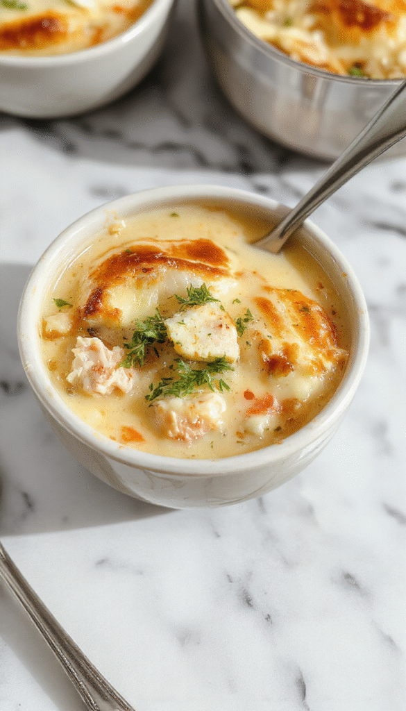 A rustic white bowl filled with creamy chicken pot pie soup, topped with golden flaky pie crust crumbles, vibrant herbs, and chunks of tender chicken and vegetables, garnished with fresh parsley, set on a wooden table with a warm, inviting atmosphere