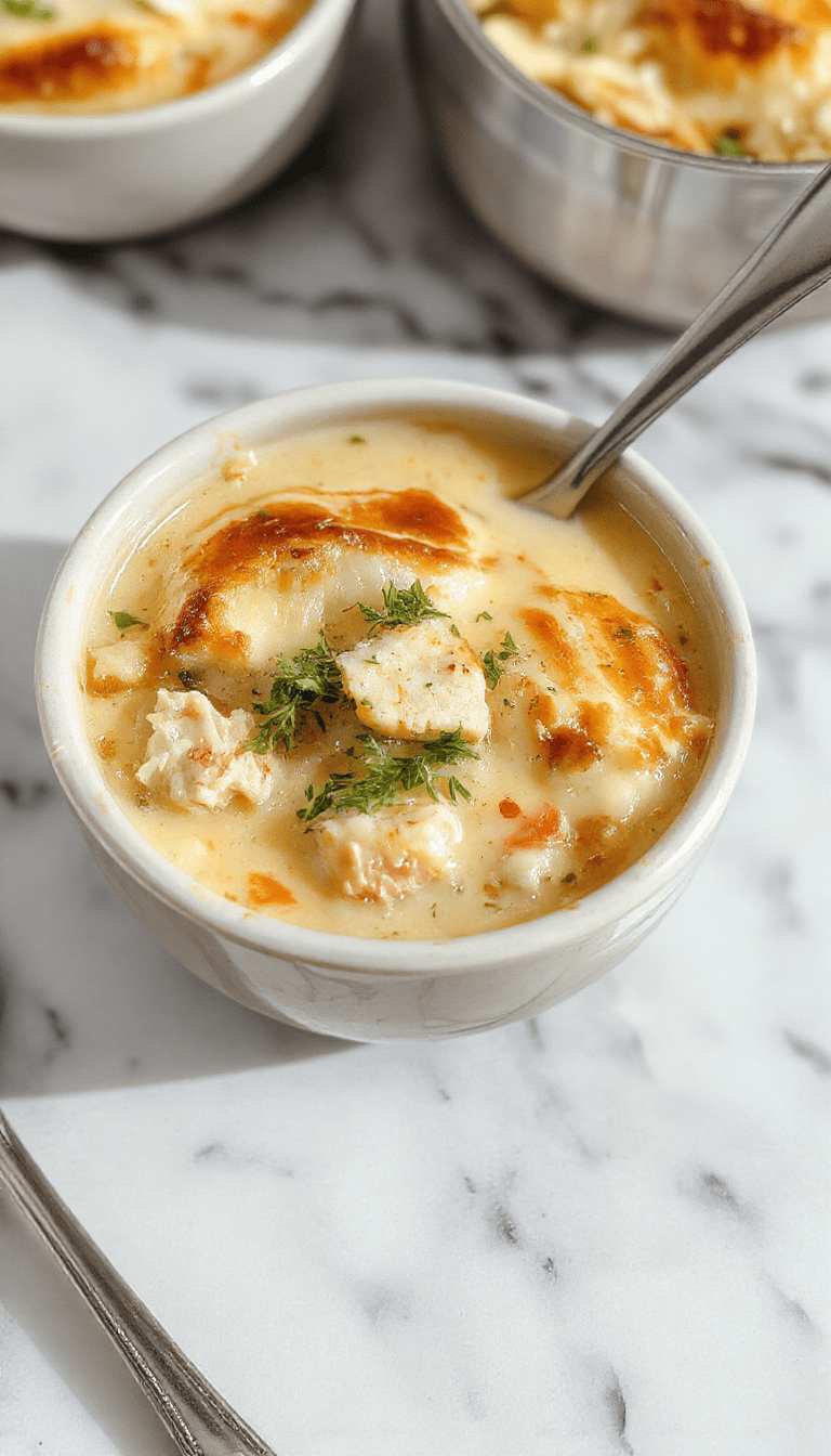 A rustic white bowl filled with creamy chicken pot pie soup, topped with golden flaky pie crust crumbles, vibrant herbs, and chunks of tender chicken and vegetables, garnished with fresh parsley, set on a wooden table with a warm, inviting atmosphere