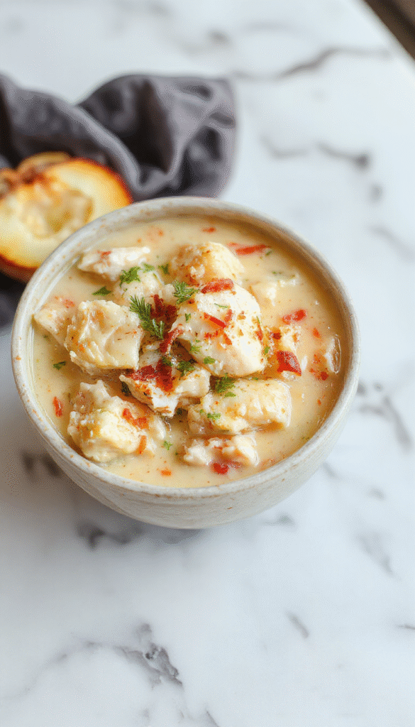 A steaming bowl of creamy chicken and rice soup garnished with chopped herbs, showcasing tender shredded chicken, fluffy white rice, and a velvety broth served in a rustic white bowl on a cozy wooden table, with a spoon resting beside.