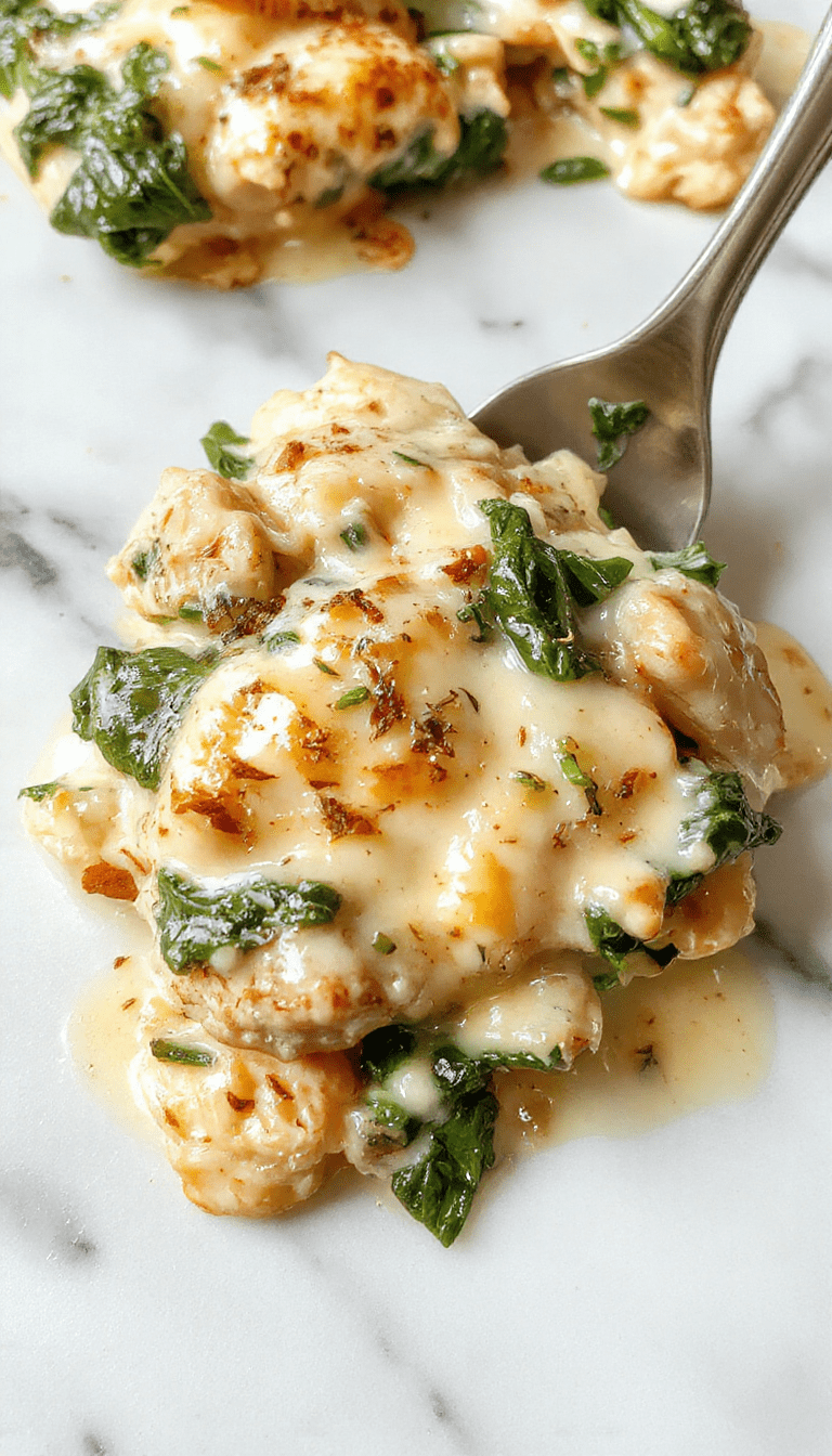 A luscious chicken and spinach casserole in a round white dish topped with melted golden cream cheese, garnished with fresh herbs, surrounded by slices of cooked chicken and vibrant spinach leaves, all on a rustic wooden table with a soft natural light highlighting the creamy textures.