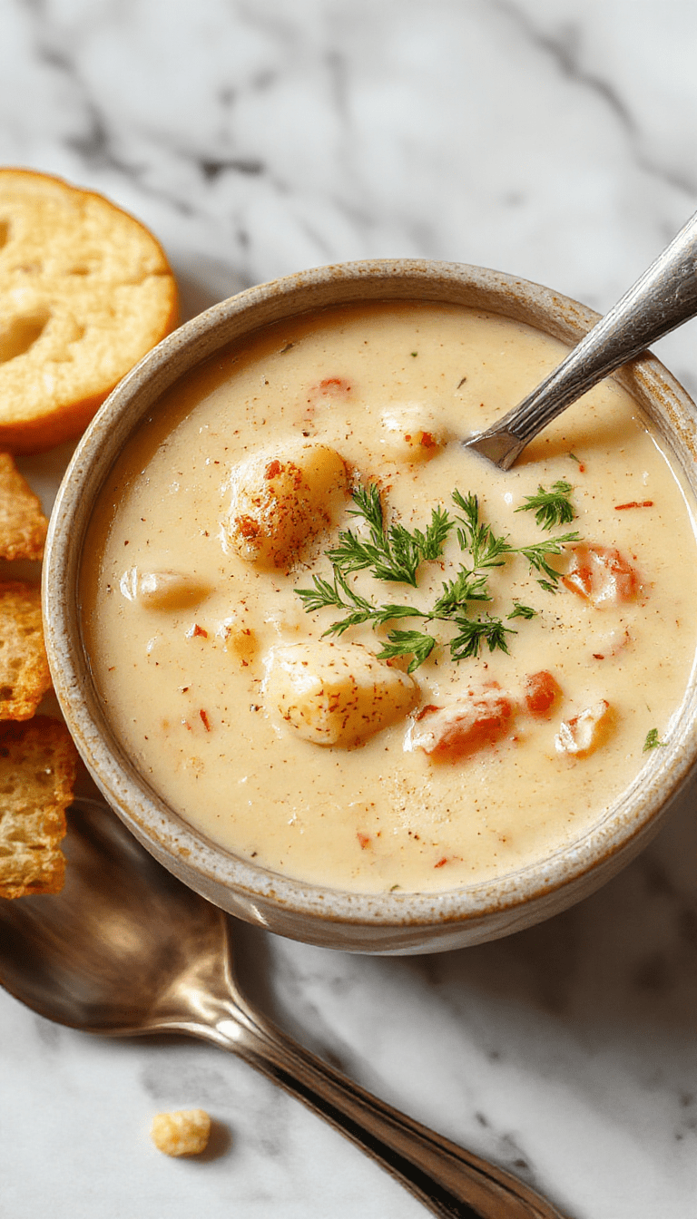 A bowl of creamy cowboy soup featuring chunky diced vegetables, tender beef pieces, topped with fresh herbs and a drizzle of creamy sauce, served on a rustic wooden table with crusty bread on the side
