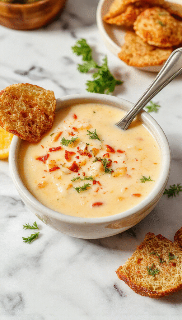 A steaming bowl of creamy cowboy soup garnished with fresh herbs, showcasing a rich, thick texture with chunks of vegetables and tender meat, served in a rustic bowl on a wooden table with a spoon and bread on the side.