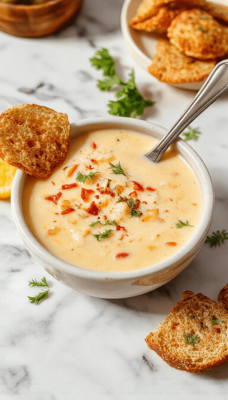 A steaming bowl of creamy cowboy soup garnished with fresh herbs, showcasing a rich, thick texture with chunks of vegetables and tender meat, served in a rustic bowl on a wooden table with a spoon and bread on the side.