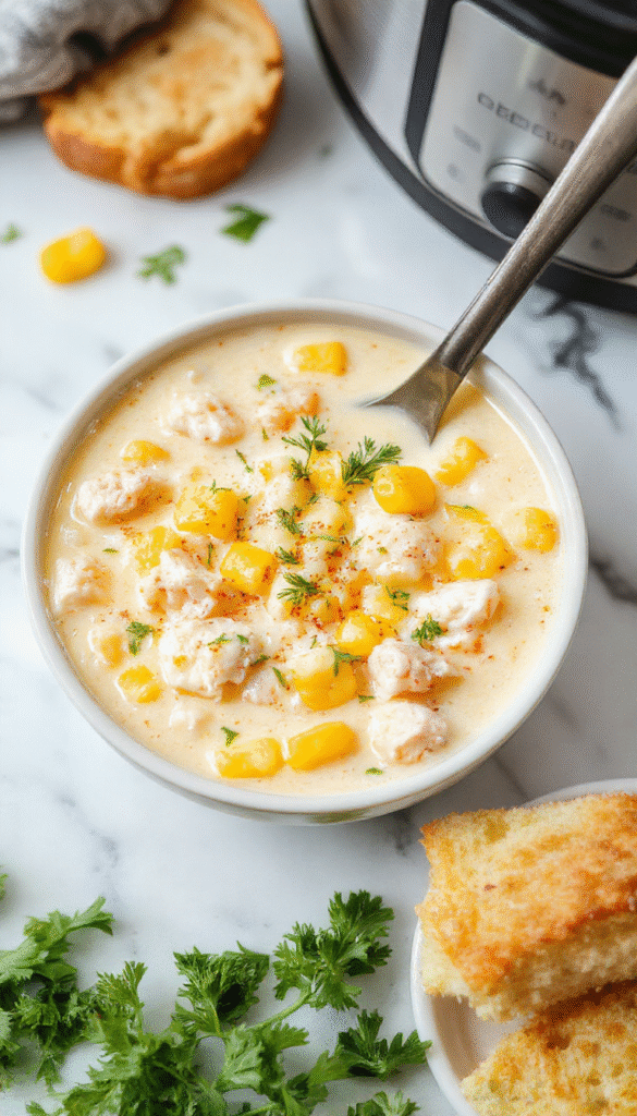 A warm bowl of creamy chicken corn chowder topped with fresh herbs and a drizzle of cream, served with crispy bread on a rustic wooden table, showcasing a comforting and hearty dish with vibrant yellow corn, tender chicken pieces, and a rich, velvety broth.