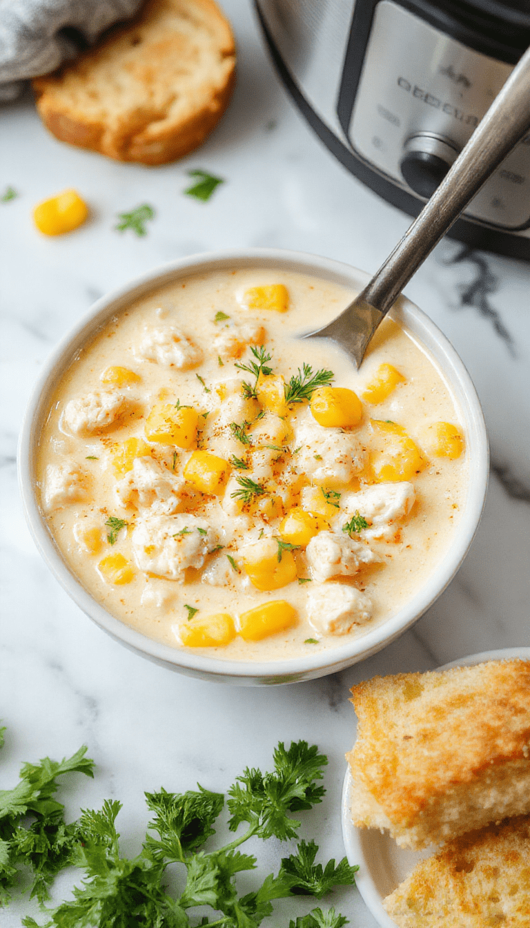 A warm bowl of creamy chicken corn chowder topped with fresh herbs and a drizzle of cream, served with crispy bread on a rustic wooden table, showcasing a comforting and hearty dish with vibrant yellow corn, tender chicken pieces, and a rich, velvety broth.