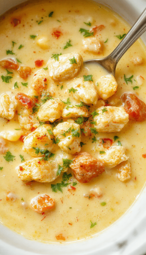 A vibrant bowl of white chicken chili topped with shredded cheese and fresh cilantro, surrounded by ingredients like chicken, beans, and cream cheese, styled in a cozy autumn kitchen setting with warm lighting and rustic serving ware.