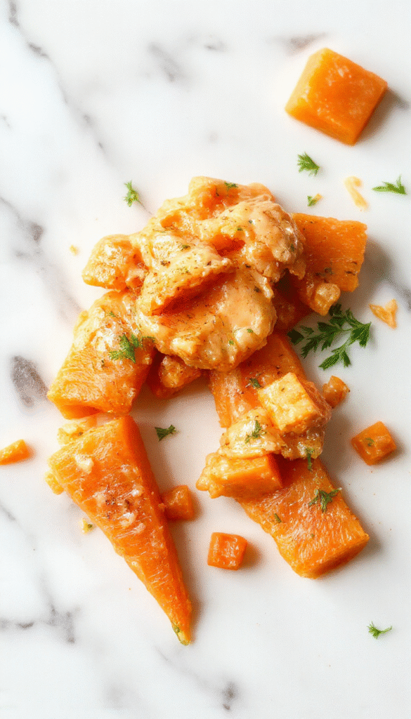 A vibrant plate of smashed carrots with bright orange hues, garnished with fresh herbs on a rustic wooden table, showcasing a creamy textured consistency with a hint of green garnish, styled with a light sprinkle of herbs for an appetizing look.