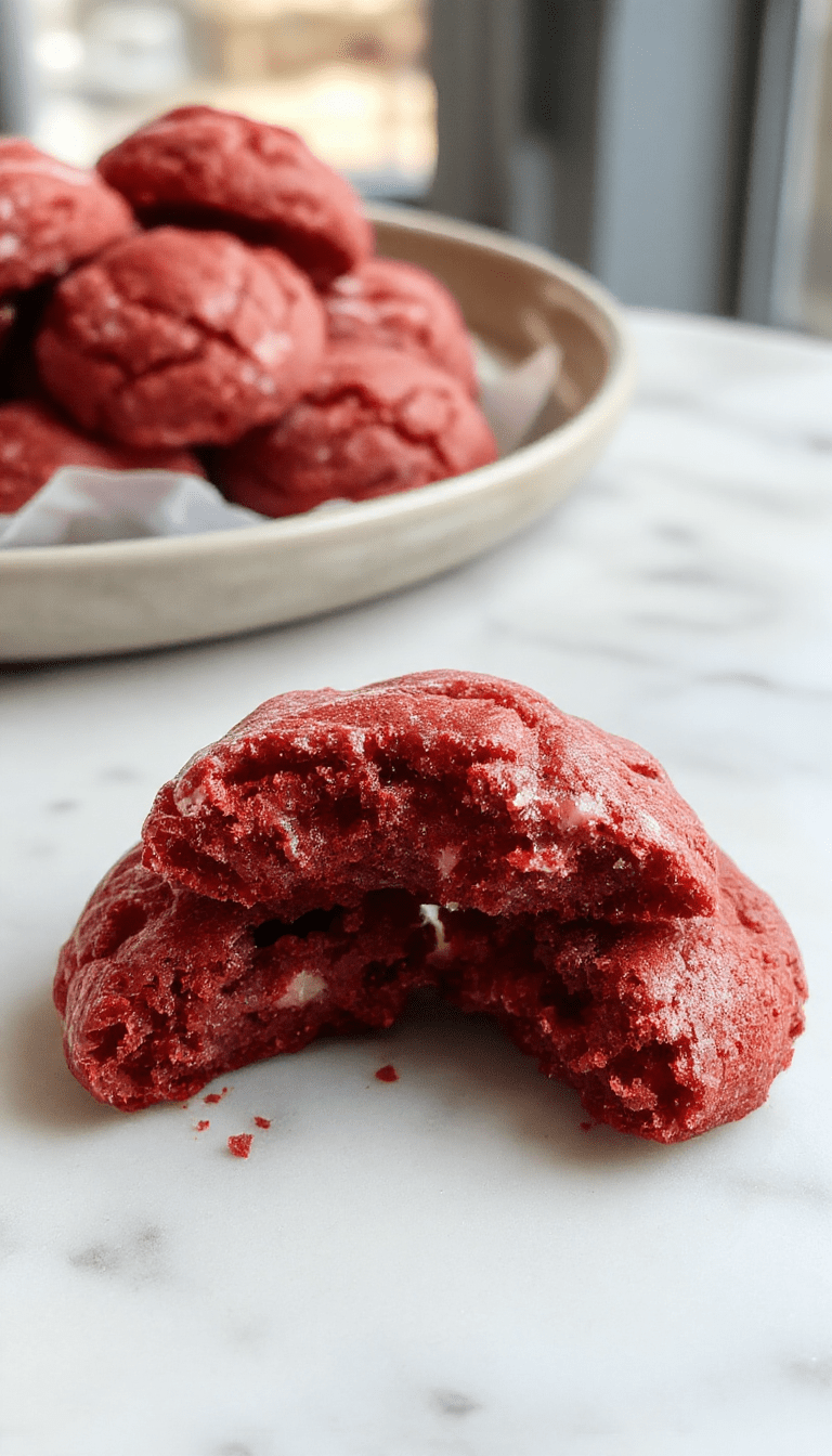 A vibrant red velvet cookie dough served in a clear glass bowl, garnished with white chocolate chips and a drizzle of white chocolate sauce, set on a rustic wooden table with a spoon nearby, highlighting its creamy texture and rich red color.
