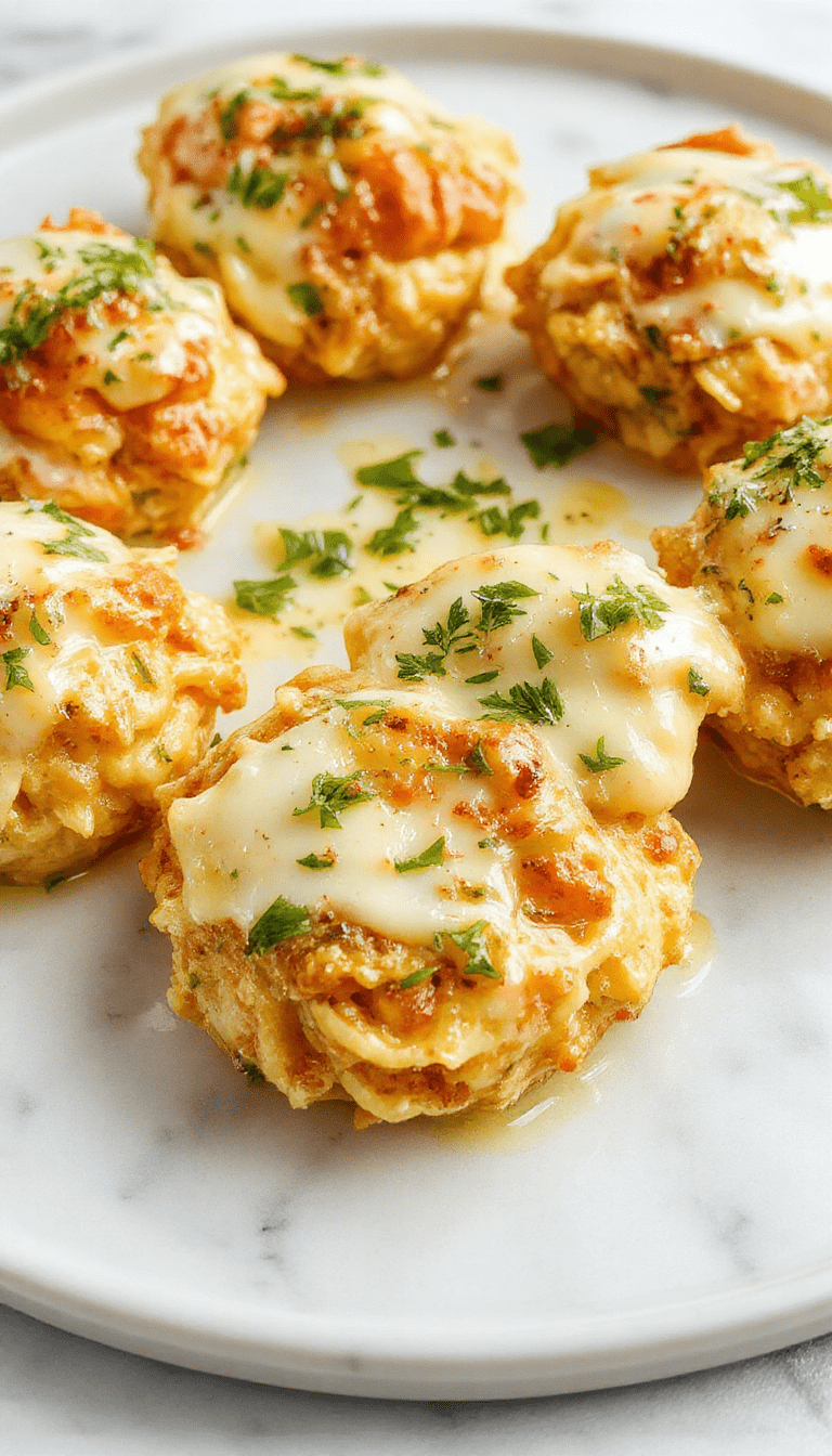 A close-up of golden-brown chicken bites coated in garlic butter sauce, arranged on a white plate with a creamy pasta side garnished with fresh herbs, vibrant green parsley, and slices of garlic visible, set against a rustic wooden table with a drizzle of sauce for a tempting, savory look.