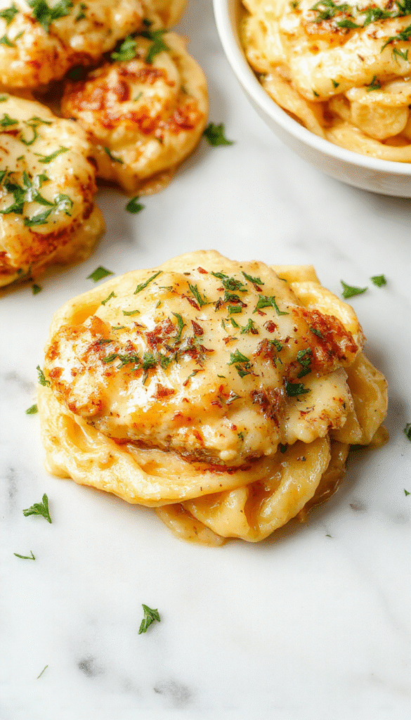 A close-up of golden-brown chicken bites coated in a glossy garlic butter sauce, served atop a bed of creamy pasta with sprinkled herbs, vibrant green garnish, and a rustic wooden table background showing the rich textures and inviting colors.