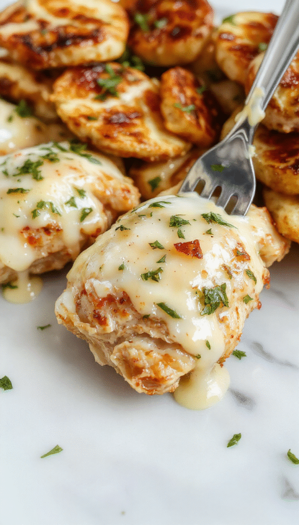 A close-up shot of creamy garlic parmesan chicken plated on a white dish, topped with golden-brown toasted cheese and fresh herbs, with a smooth, creamy sauce glistening over tender chicken cutlets, styled with a sprinkle of chopped parsley and garlic slices for an inviting presentation.