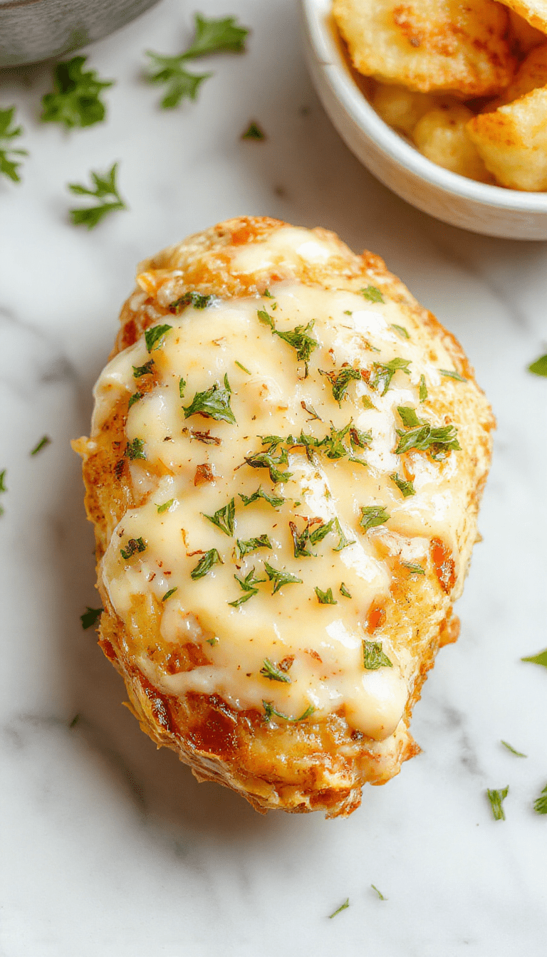 A rustic white bowl filled with tender crockpot chicken and golden roasted potatoes topped with melted Parmesan and fresh parsley, garnished with garlic cloves and herbs, all set on a wooden table with a creamy sauce drizzled over the dish