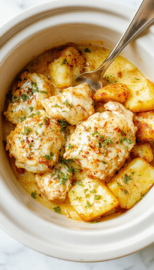 A vibrant plate featuring tender shredded chicken and golden roasted potatoes, garnished with fresh parsley and grated parmesan, served on a white ceramic plate against a rustic wooden table, with a creamy sauce visible and a sprig of herbs for garnish.
