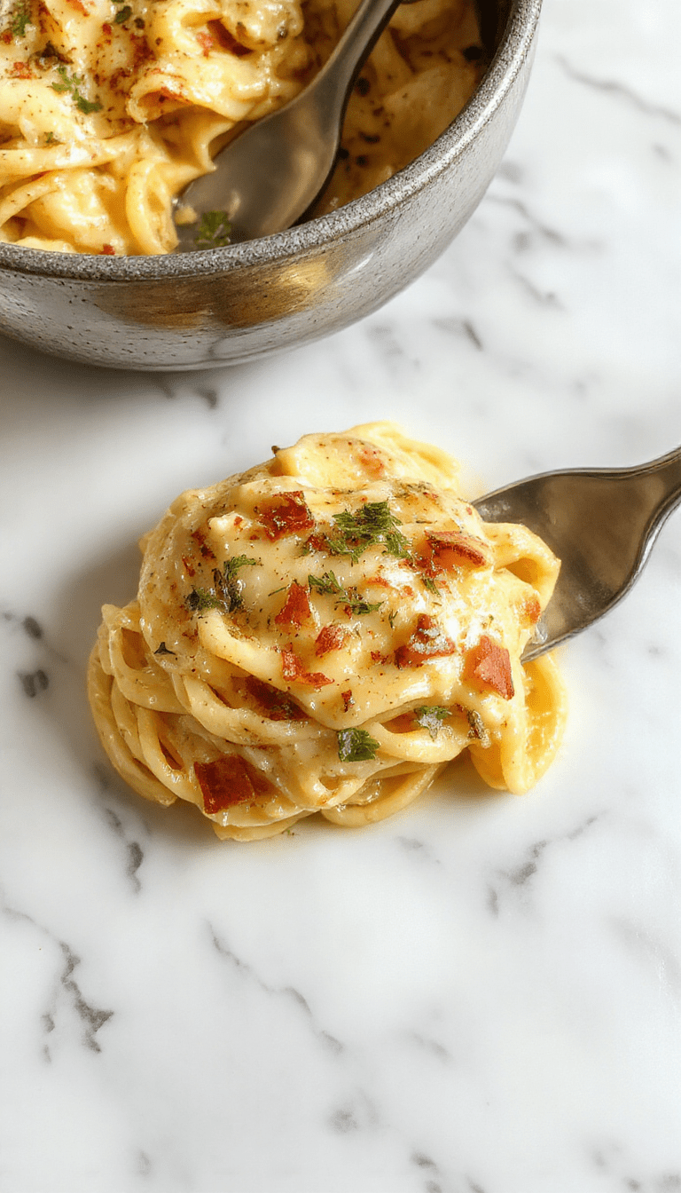 A close-up of a bowl of creamy garlic pasta with a smooth, cheesy sauce, garnished with freshly chopped parsley, with golden garlic slices and a sprig of herbs visible, on a rustic wooden table.