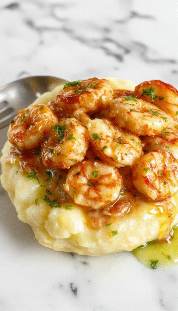A close-up of creamy garlic shrimp delicately placed on a bed of smooth mashed potatoes. The shrimp are glistening with a buttery garlic sauce, topped with fresh chopped parsley. The dish is presented on a rustic white plate, garnished with lemon wedges and a sprinkle of black pepper, with a blurred background of a cozy dining setting