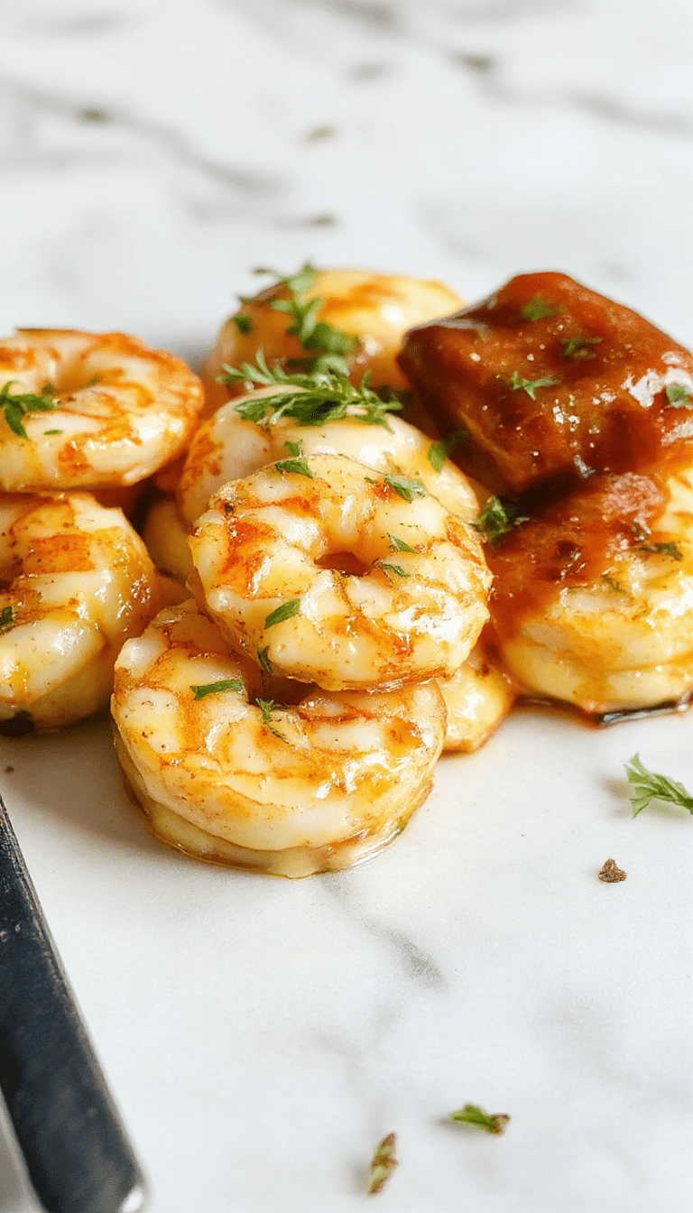 A vibrant plate of creamy garlic shrimp featuring pink, juicy shrimp coated in a smooth, white garlic sauce, garnished with fresh parsley on a rustic wooden table with lemon wedges and garlic cloves, styled elegantly with a sprig of herbs adding freshness.