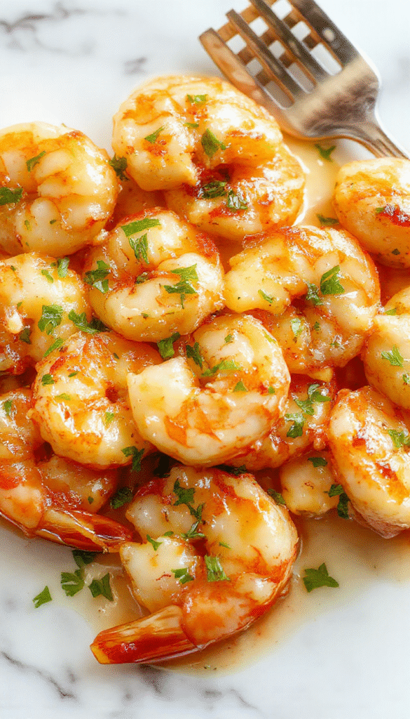 A vibrant bowl of creamy garlic shrimp featuring plump pink shrimp coated in a luscious white sauce, garnished with chopped parsley on a rustic wooden table, with lemon wedges and fresh herbs in the background, creating an inviting and appetizing presentation.