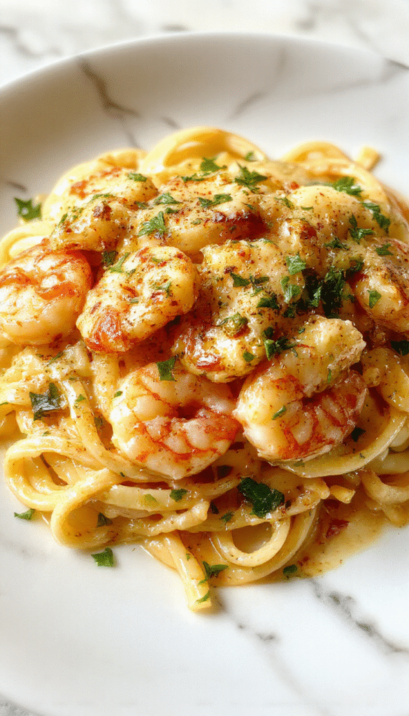 A close-up of a bowl of creamy garlic shrimp pasta overflowing with succulent pink shrimp, glossy sauce, and fresh herbs, arranged elegantly on a white plate with a rustic wooden background.