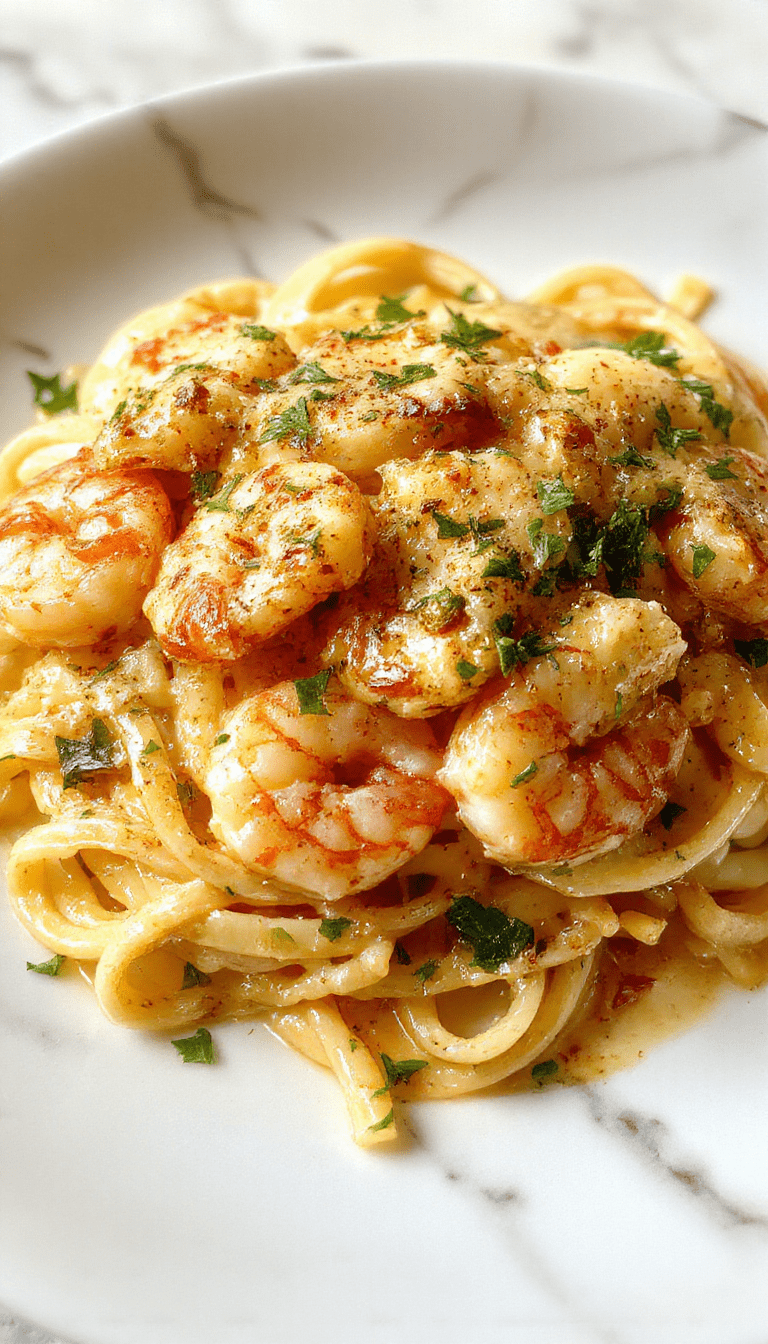 A close-up of a bowl of creamy garlic shrimp pasta overflowing with succulent pink shrimp, glossy sauce, and fresh herbs, arranged elegantly on a white plate with a rustic wooden background.