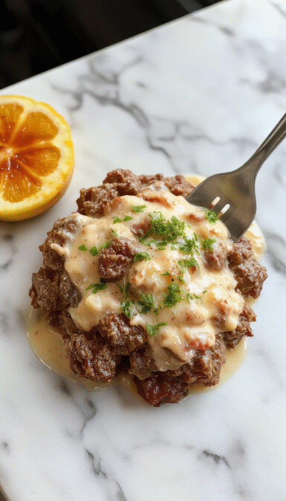 A steaming plate of creamy ground beef stroganoff featuring tender beef strips coated in a rich, velvety sauce with mushrooms and herbs, served over a bed of buttery noodles, garnished with fresh parsley for a vibrant touch.