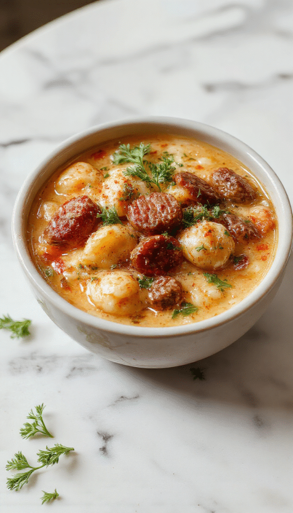 A bowl of creamy Italian sausage gnocchi soup featuring golden-brown sausage, soft gnocchi, vibrant spinach, and a rich, creamy broth garnished with herbs, presented in a rustic white bowl on a wooden table with a spoon on the side.