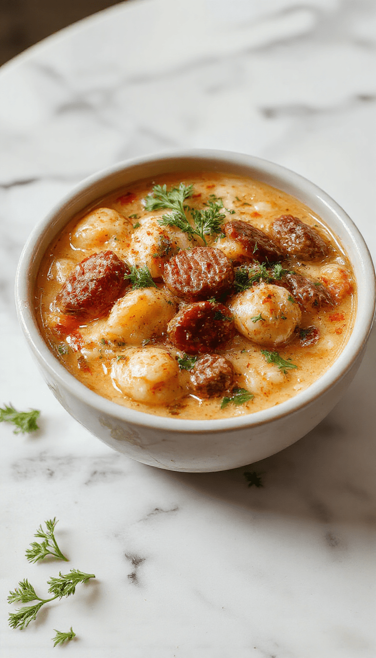 A bowl of creamy Italian sausage gnocchi soup featuring golden-brown sausage, soft gnocchi, vibrant spinach, and a rich, creamy broth garnished with herbs, presented in a rustic white bowl on a wooden table with a spoon on the side.