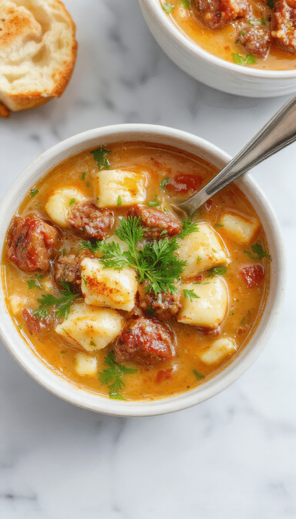 A steaming bowl of creamy Italian sausage gnocchi soup with golden crispy edges on the gnocchi, vibrant green spinach, and hearty sausage slices in a rich, velvety broth, garnished with freshly grated Parmesan and chopped herbs, styled in a rustic bowl on a wooden table with a spoon.